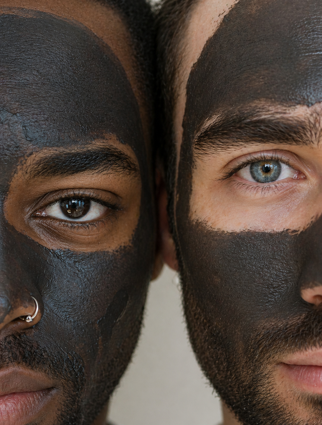 Two men with face masks on a neutral background