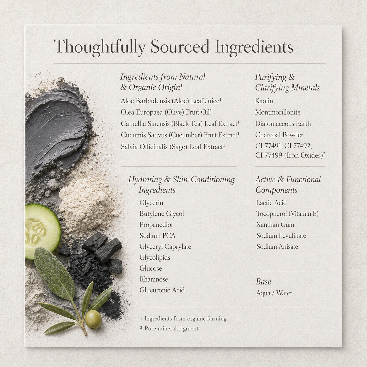 Product label with ingredients list and natural elements on a light background