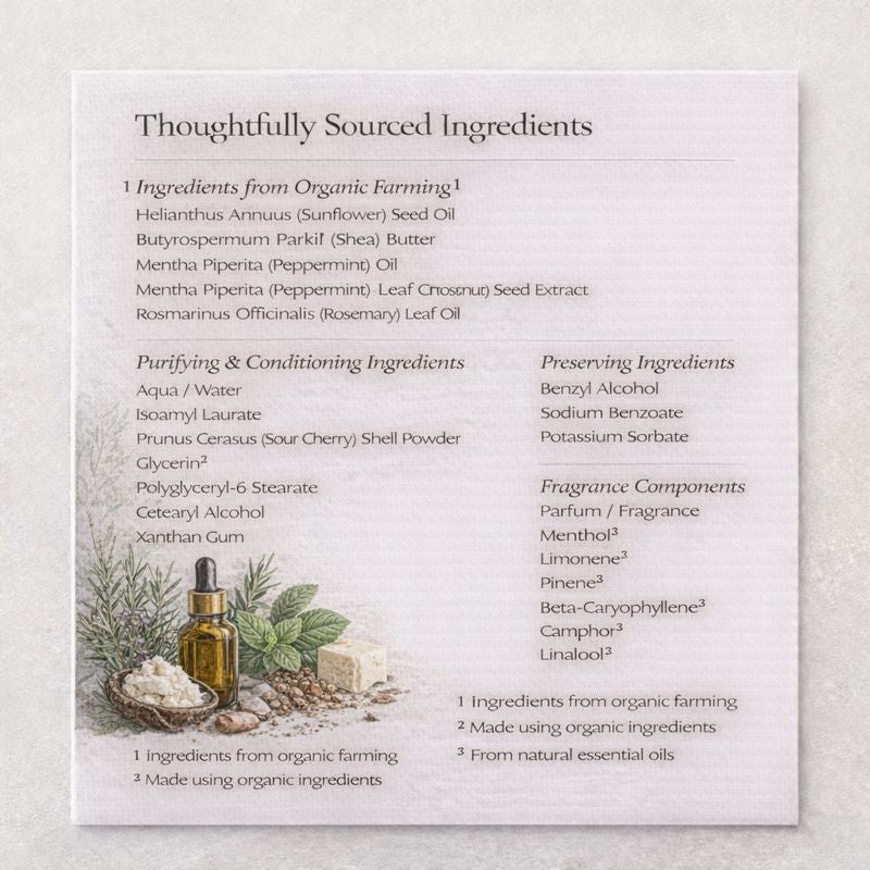 Ingredients list with natural elements on a white background