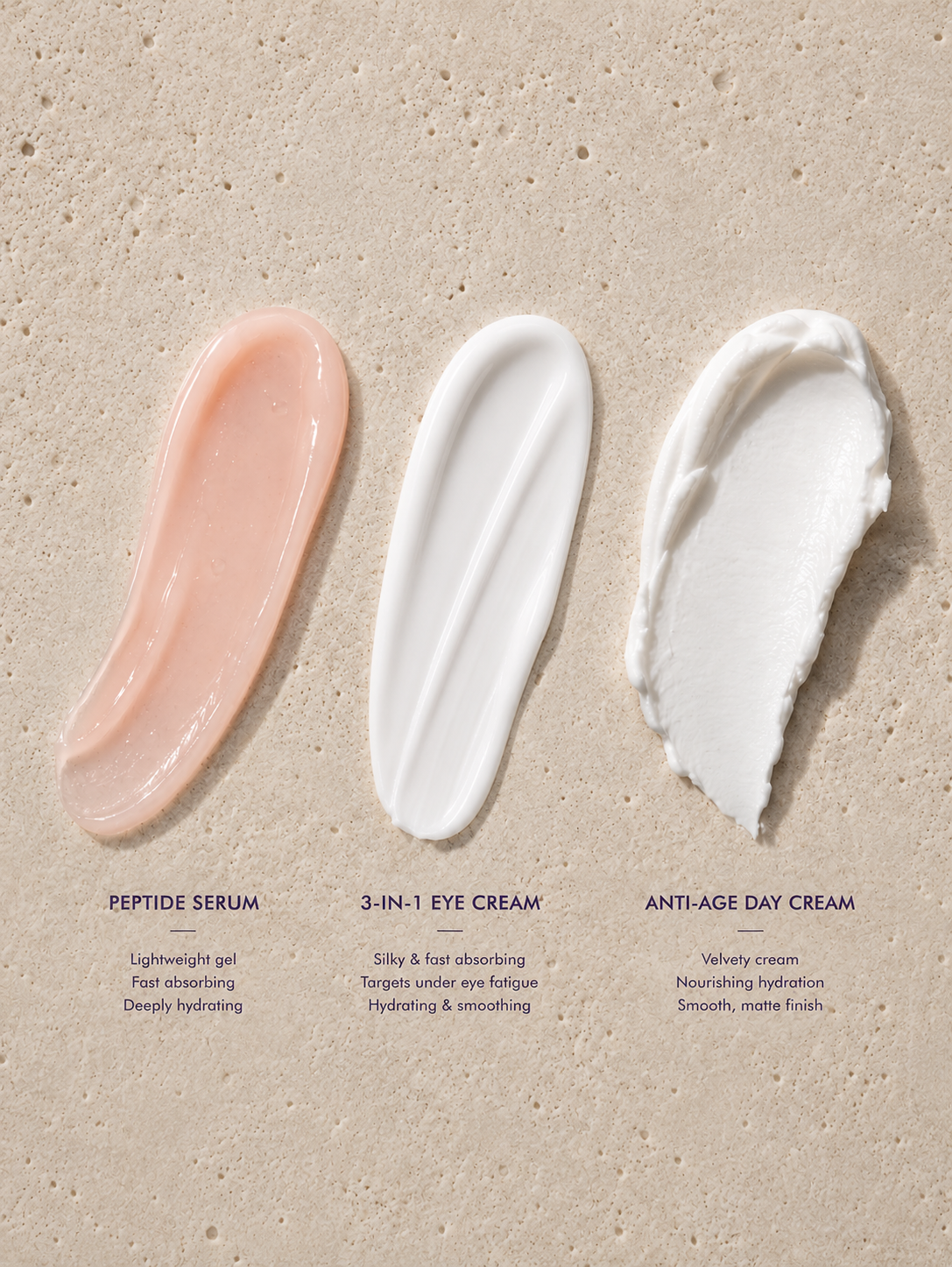Three different skincare products on a beige background with labels.