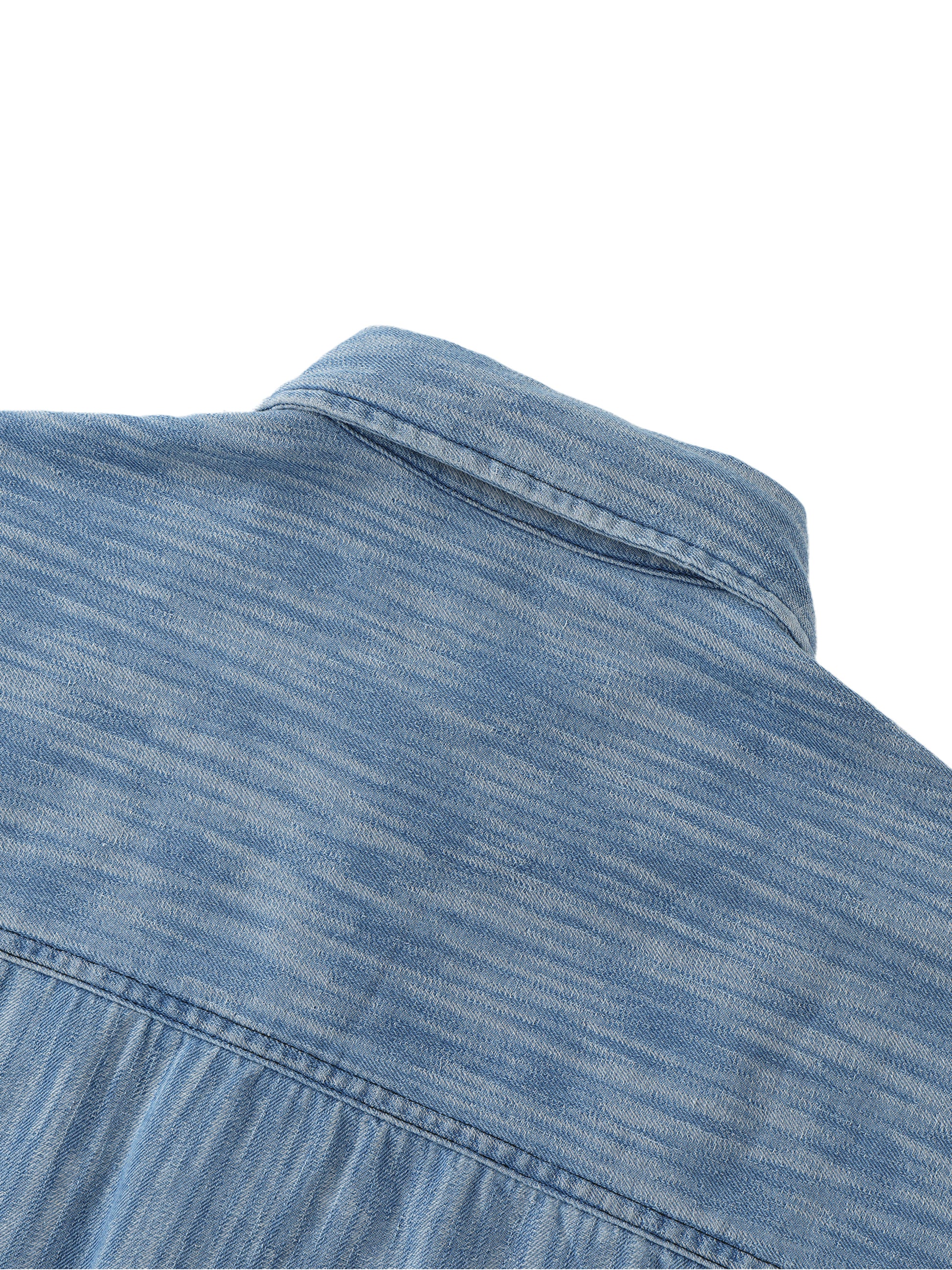 Flat lay of sustainable 230 GSM Future-Homme denim forward distressed short sleeve button down shirt blue backside collar on a white background 