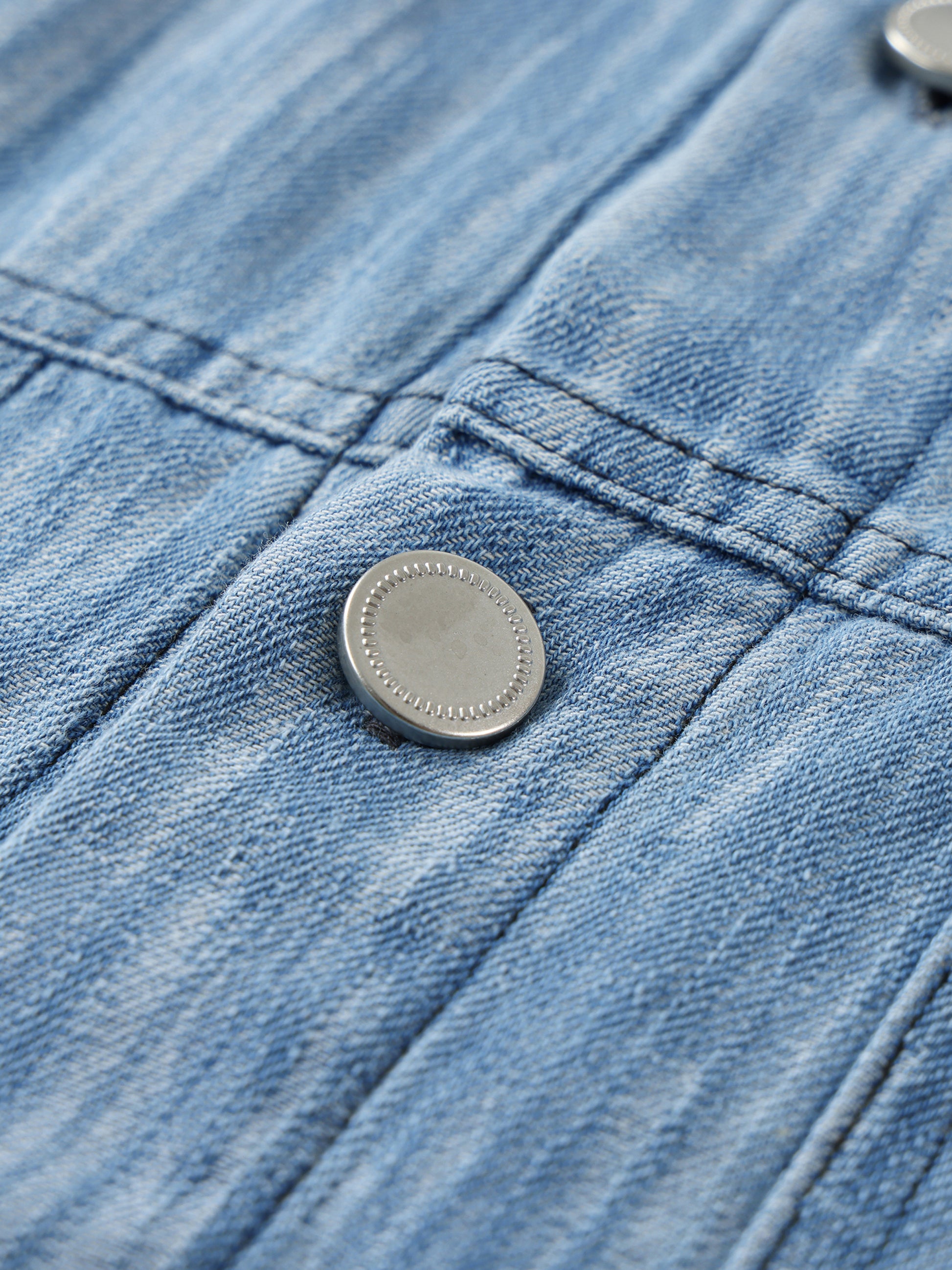 Flat lay of sustainable 230 GSM Future-Homme denim forward distressed short sleeve button down shirt blue frontside button on a white background 