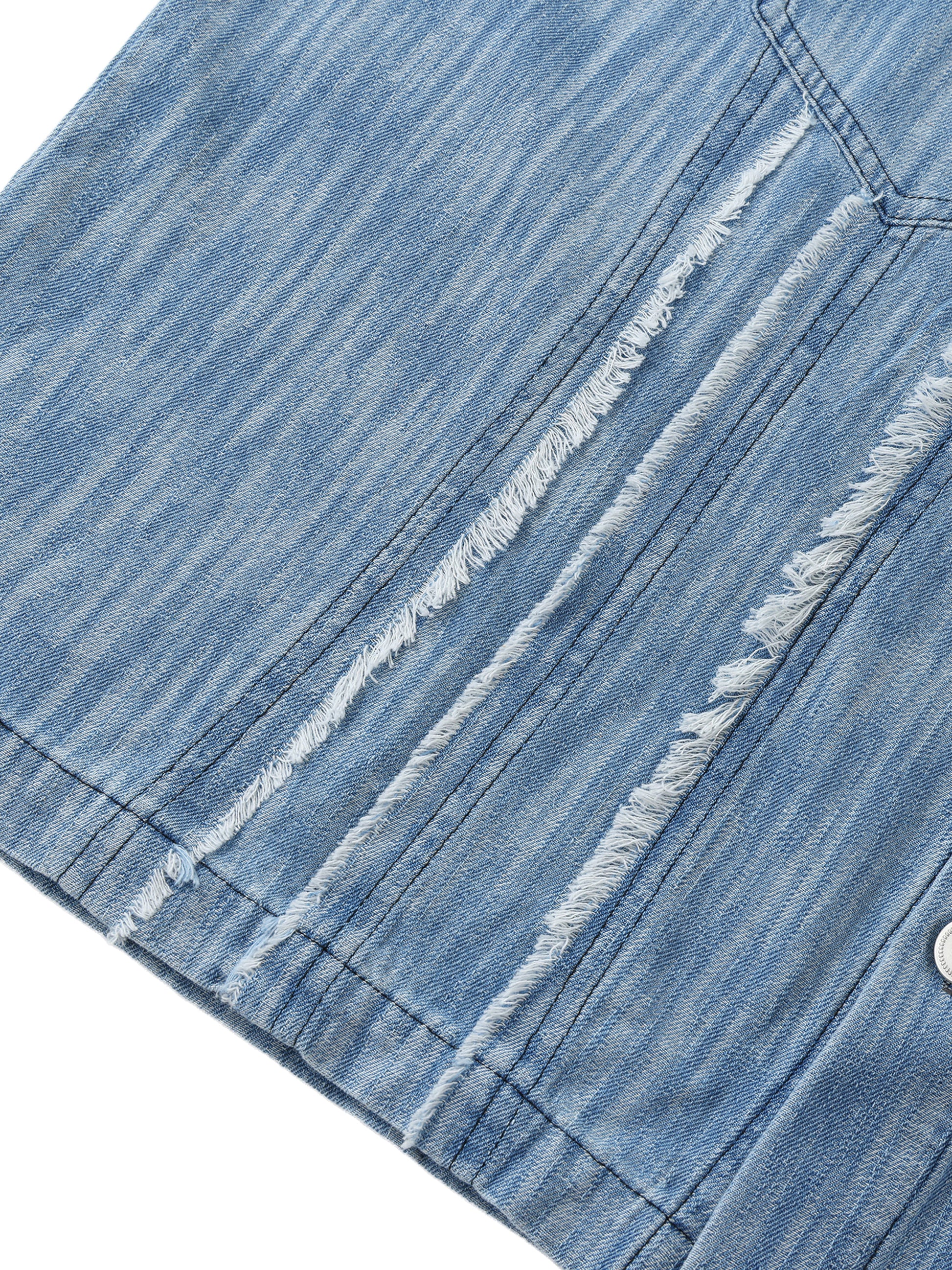 Flat lay of sustainable 230 GSM Future-Homme denim forward distressed short sleeve button down shirt blue frontside fringe on a white background 