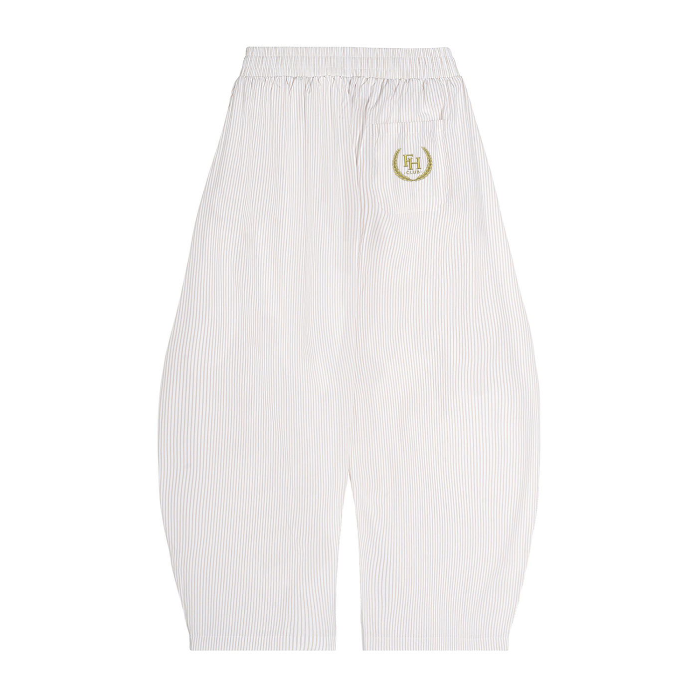 White ribbed pants with a logo on a white background