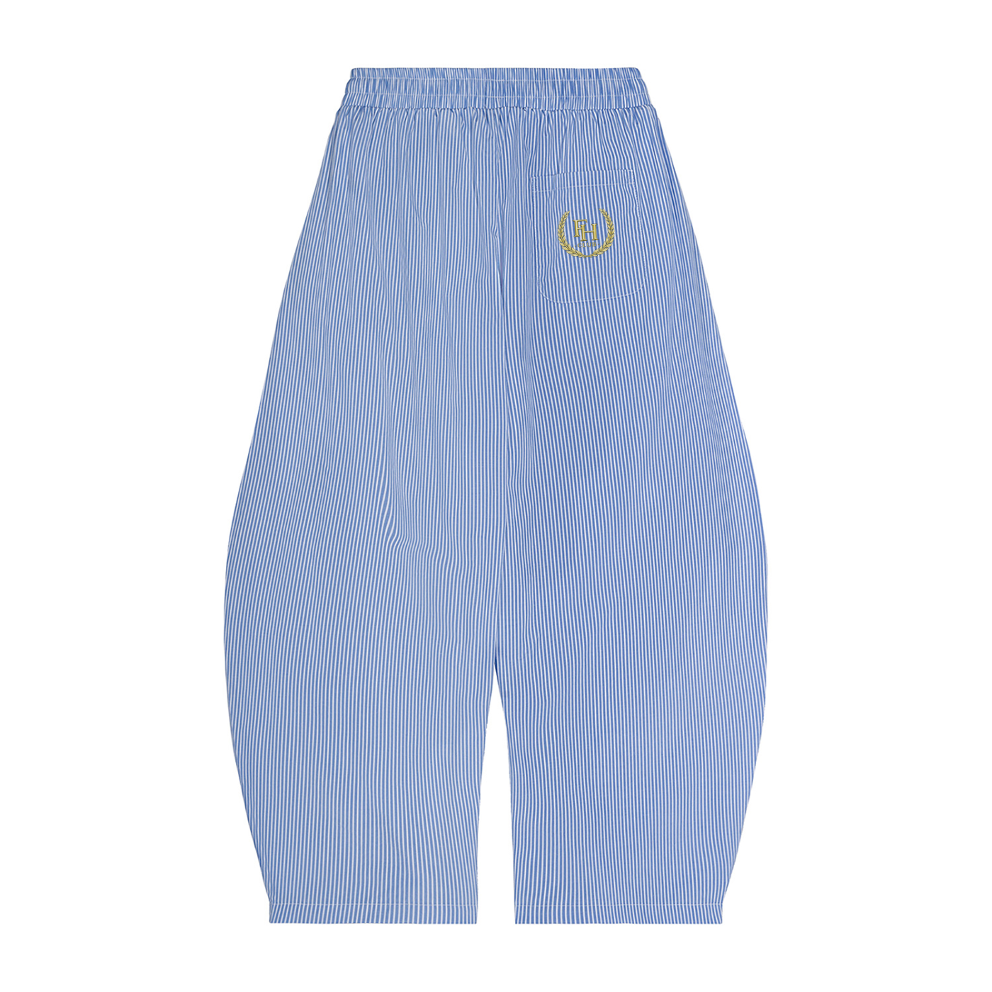 Blue striped pants with a logo on a white background