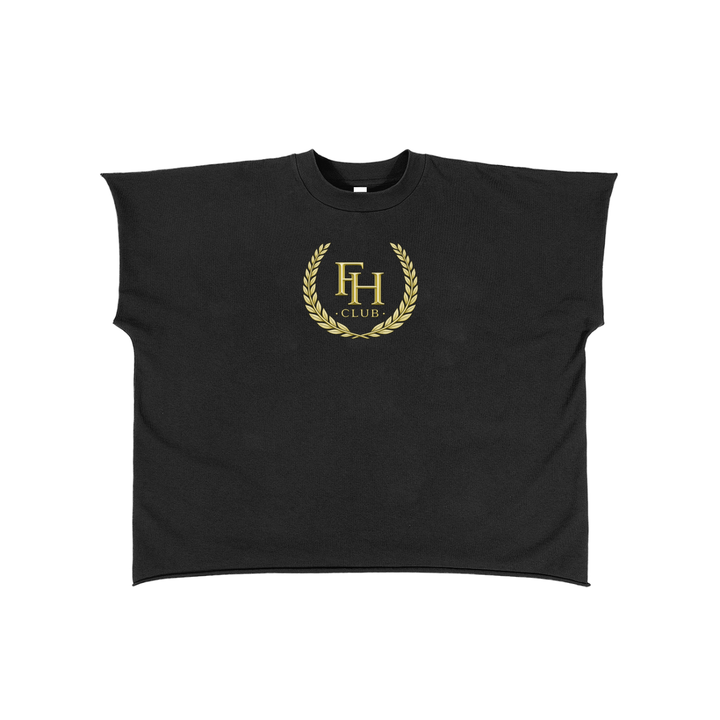 Black sleeveless shirt with gold logo on a white background