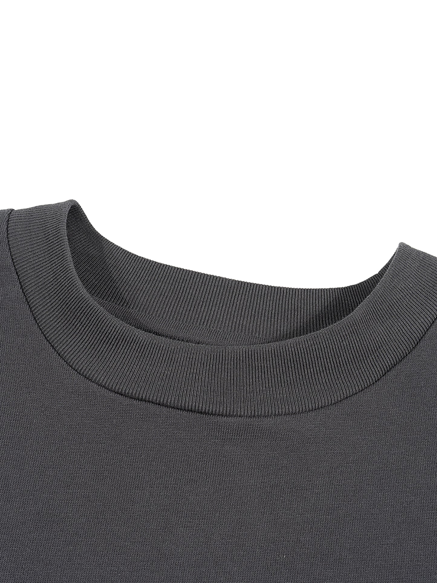 Close-up of a dark gray sweatshirt collar on a white background
