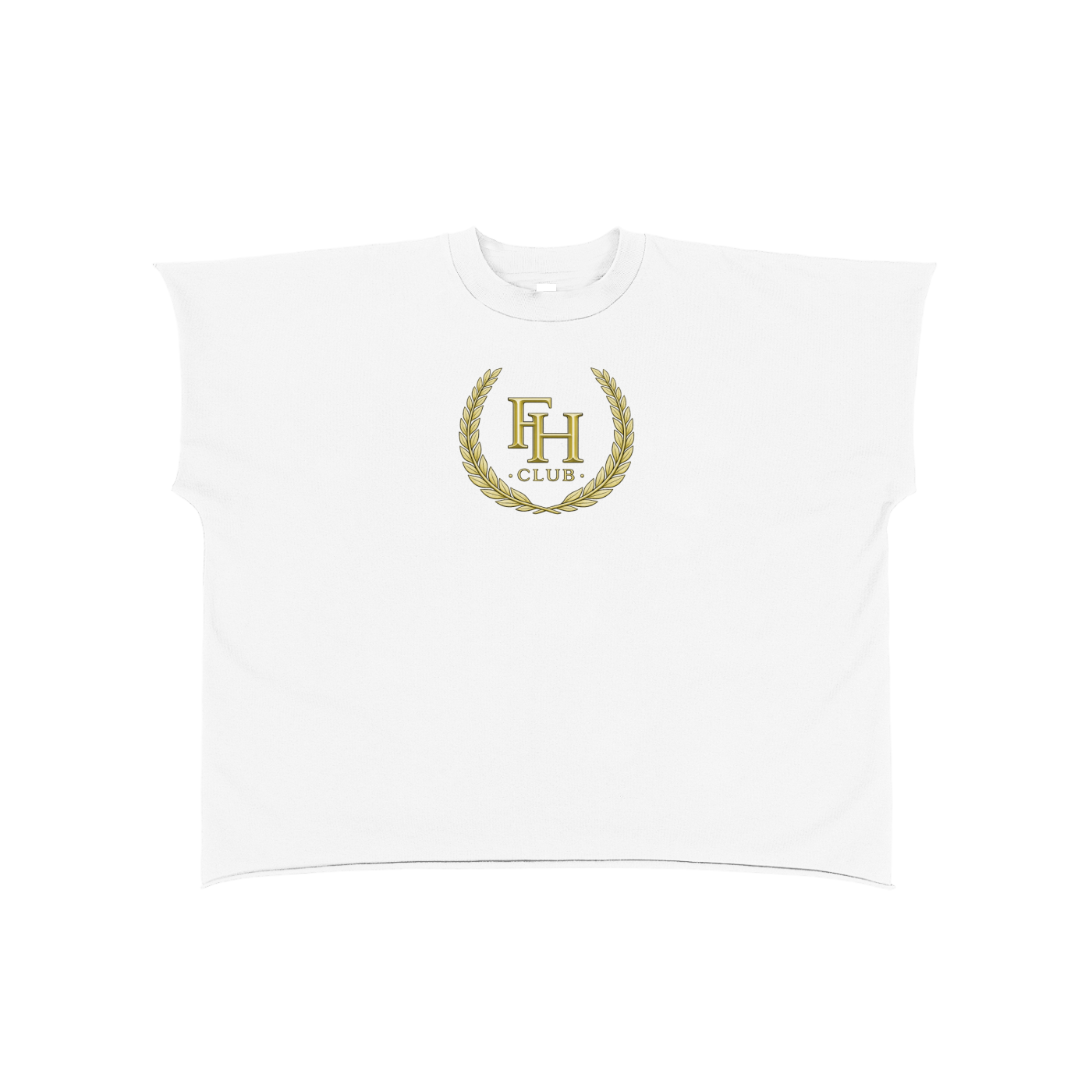 White crop top with gold emblem and text on a white background