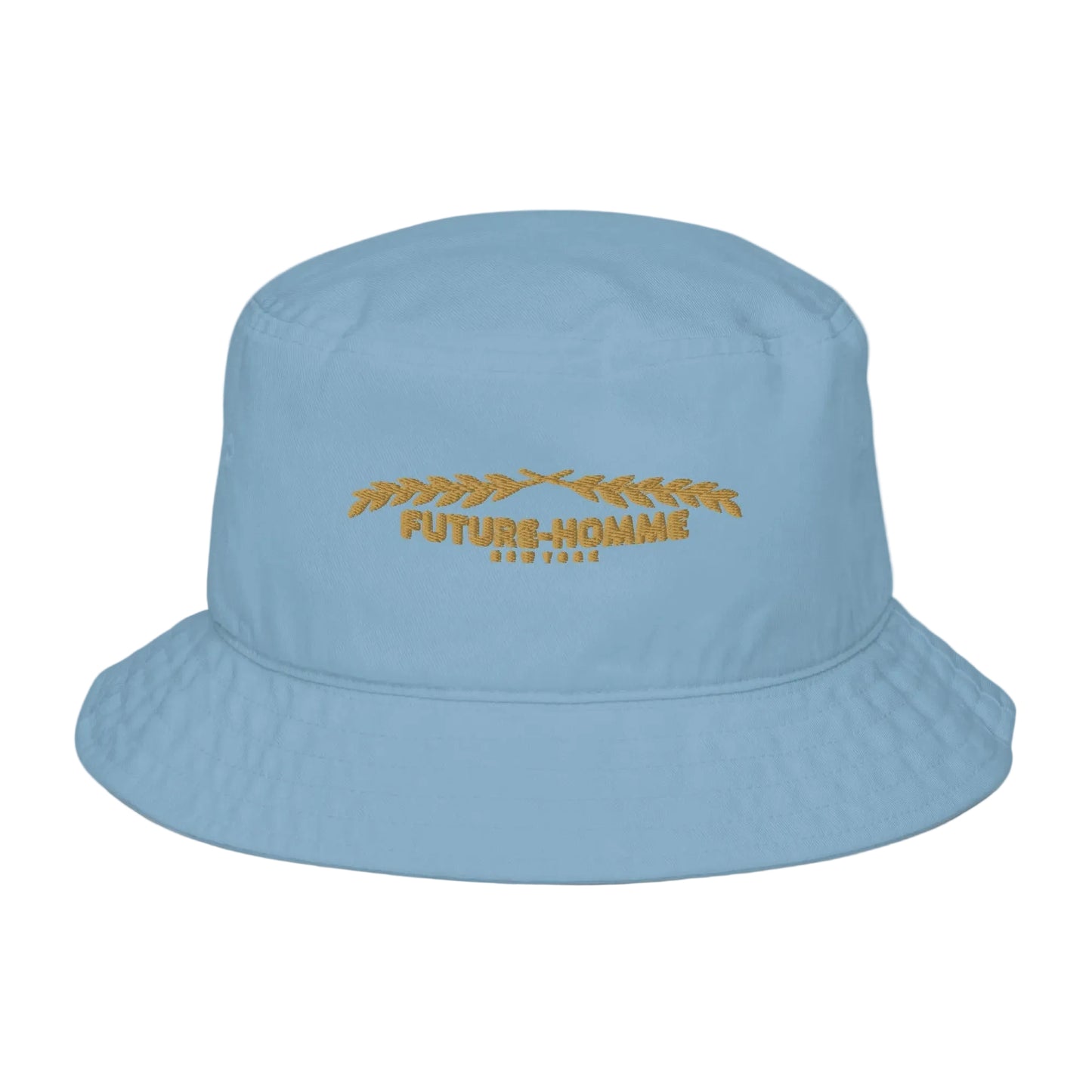 Light blue bucket hat with 'FUTURE-HOMME' text on a white background
