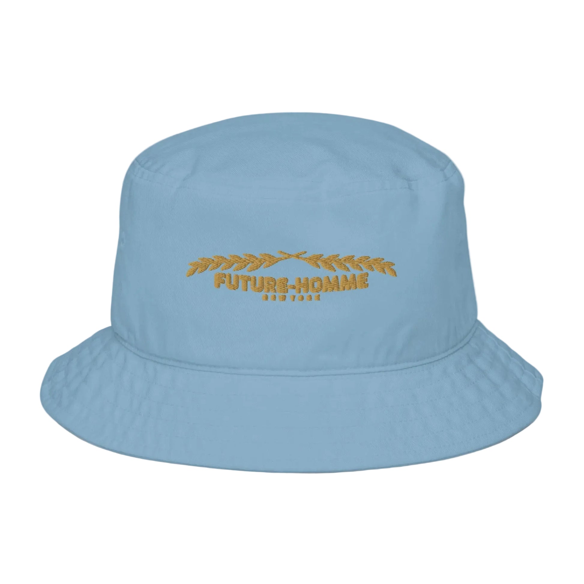 Light blue bucket hat with 'FUTURE-HOMME' text on a white background
