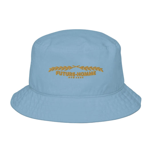 Light blue bucket hat with 'FUTURE-HOMME' text on a white background