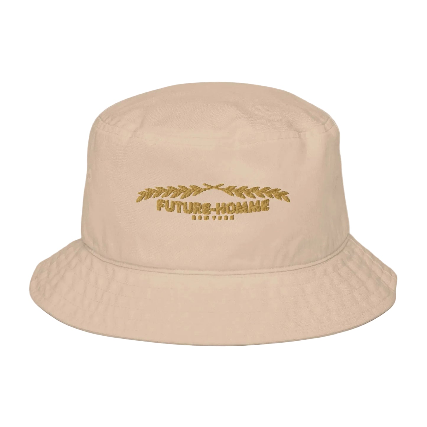 Beige bucket hat with 'FUTURE-HOMME' branding on a white background