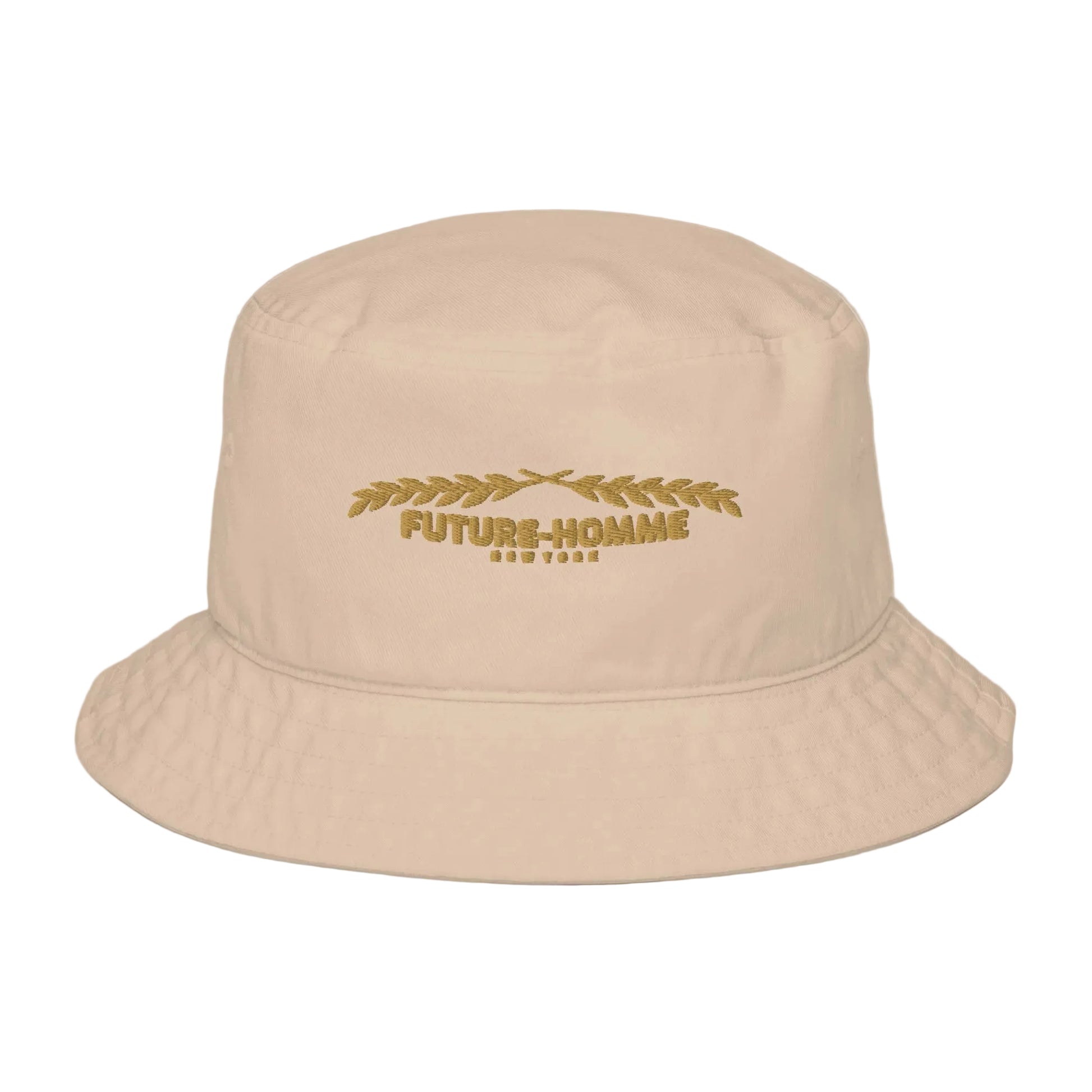 Beige bucket hat with 'FUTURE-HOMME' branding on a white background