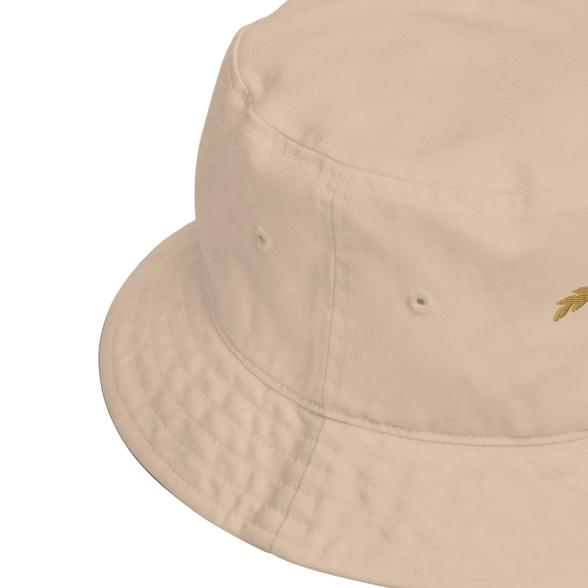 White bucket hat with a small logo on a white background