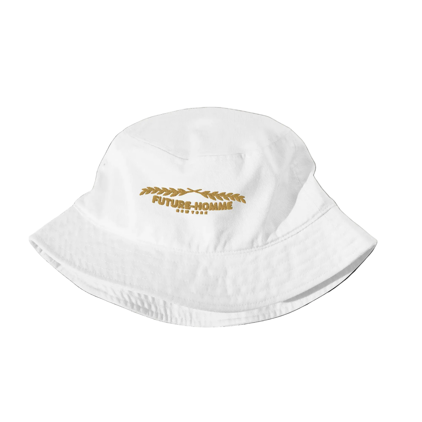 White bucket hat with gold text on a white background