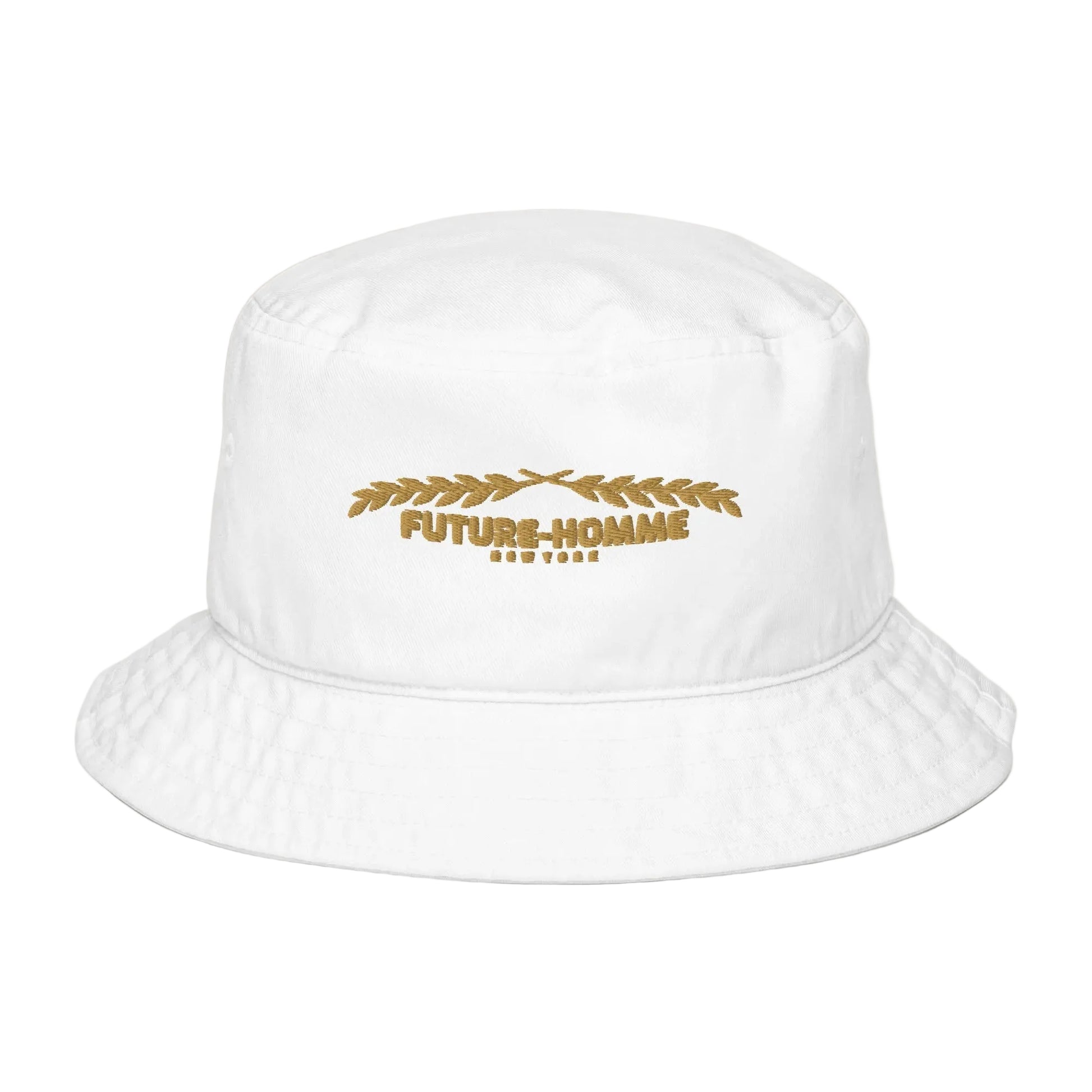 White bucket hat with gold text on a white background