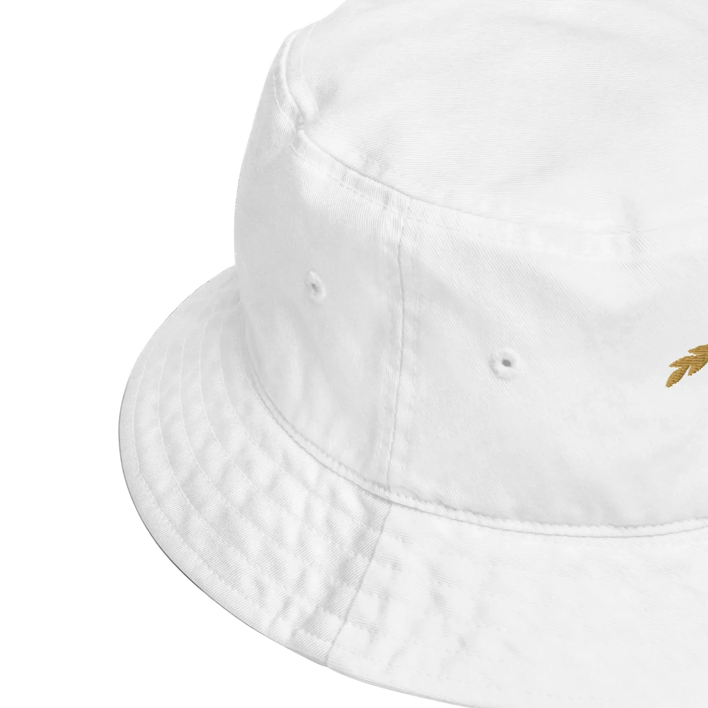 White bucket hat with a small logo on a white background