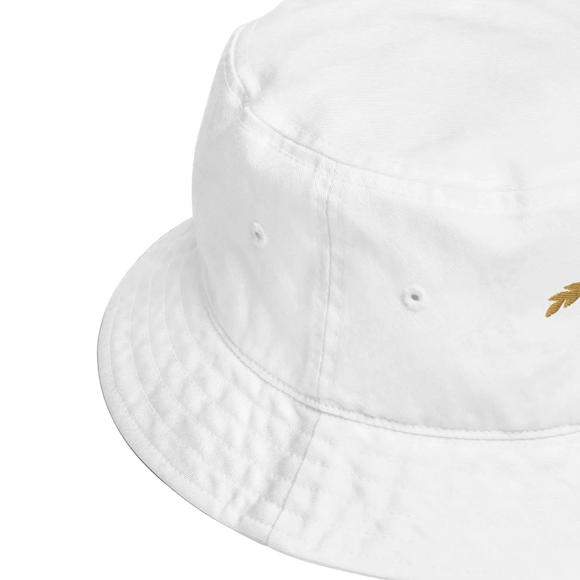 White bucket hat with a small logo on a white background
