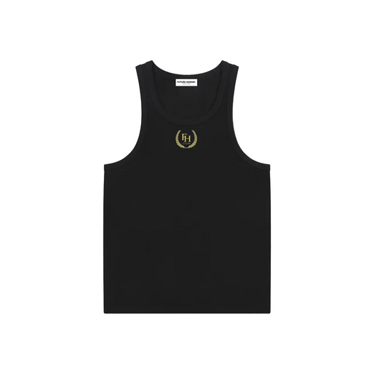 Black tank top with a logo on a sand background