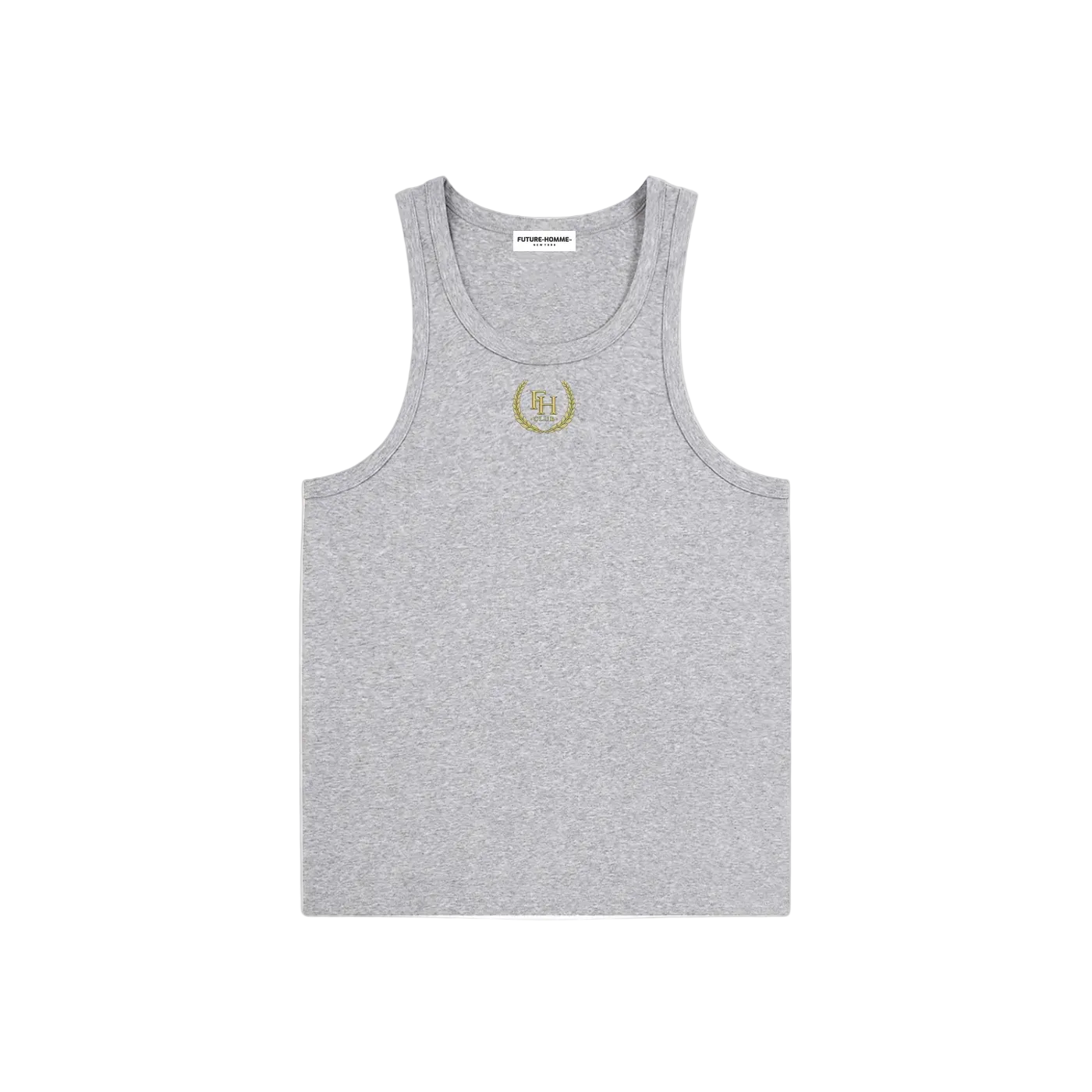 Gray tank top with 'FH Club' logo on a sand  background