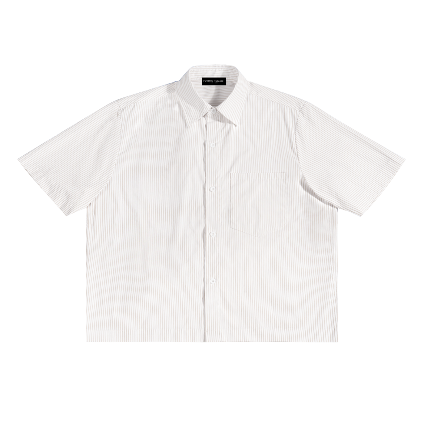 White short-sleeve shirt with thin black stripes on a white background