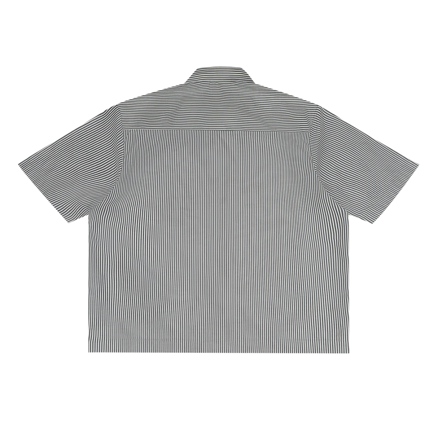 Back view of a black and white striped shirt on a white background