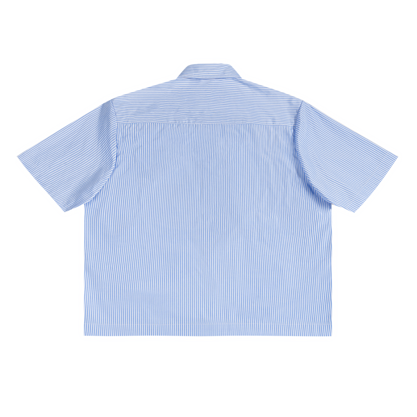 Back view of a blue and white striped short-sleeve shirt on a white background