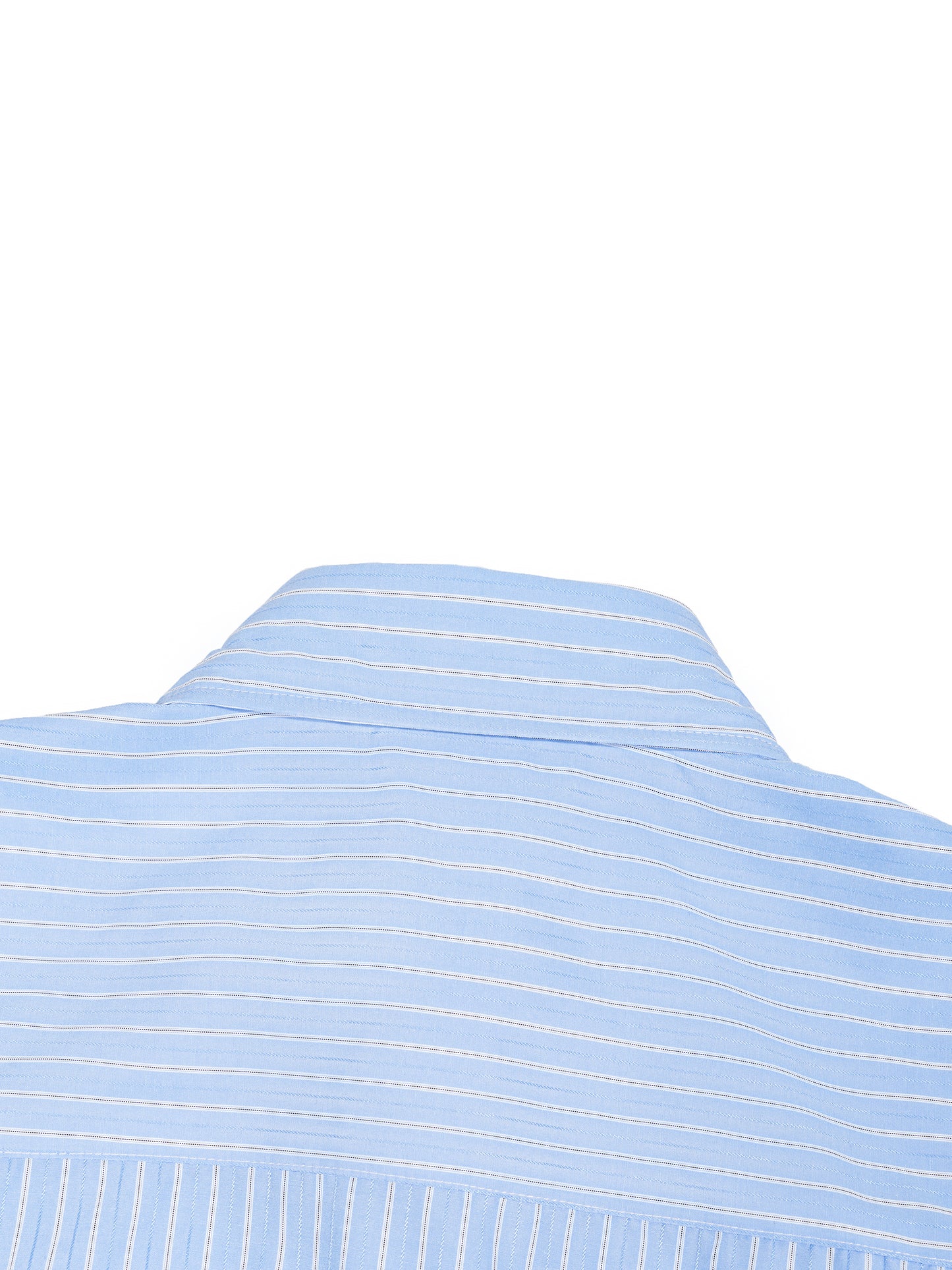 Close-up of a light blue striped shirt collar on a white background