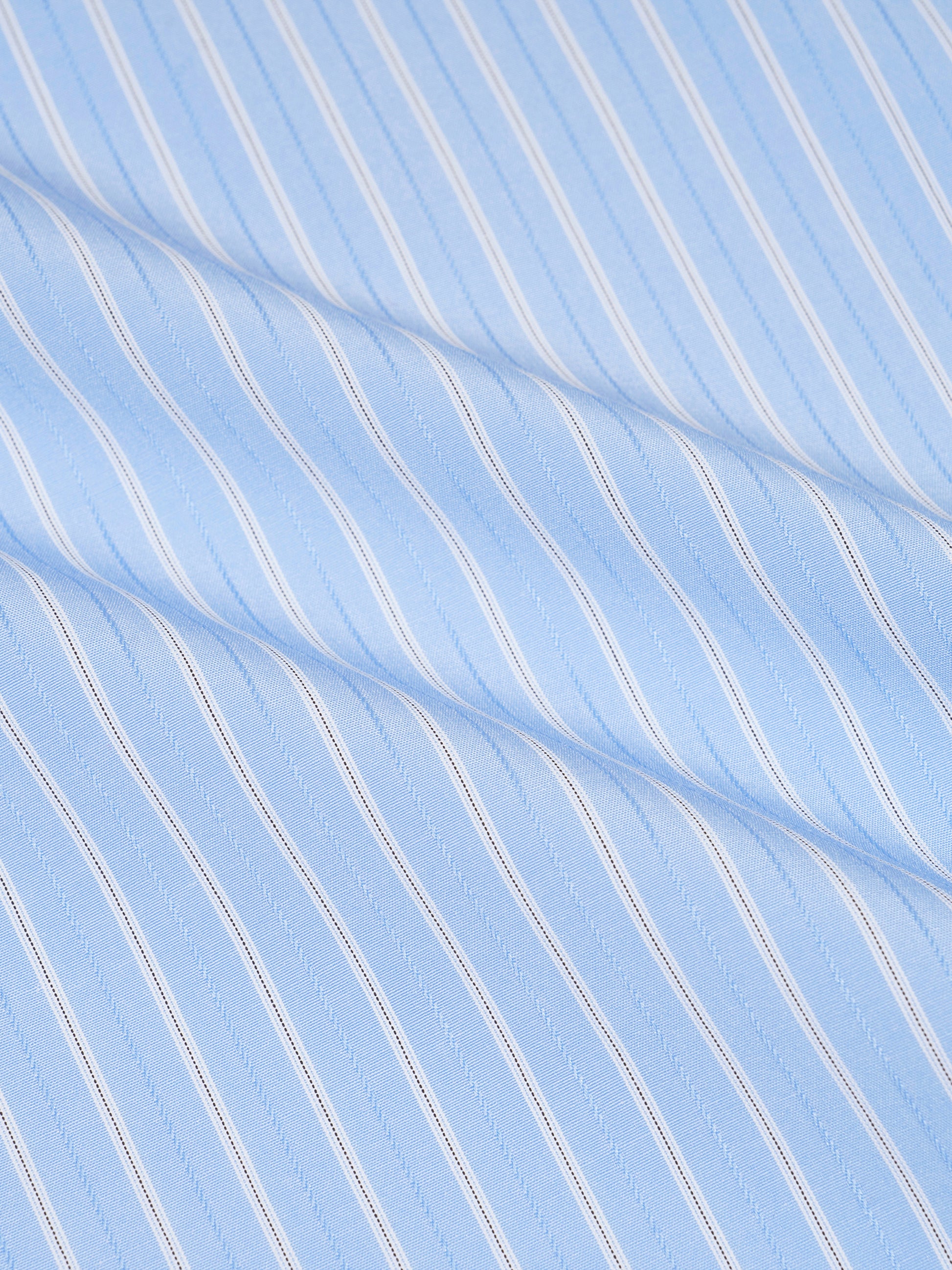 Close-up of light blue fabric with white stripes