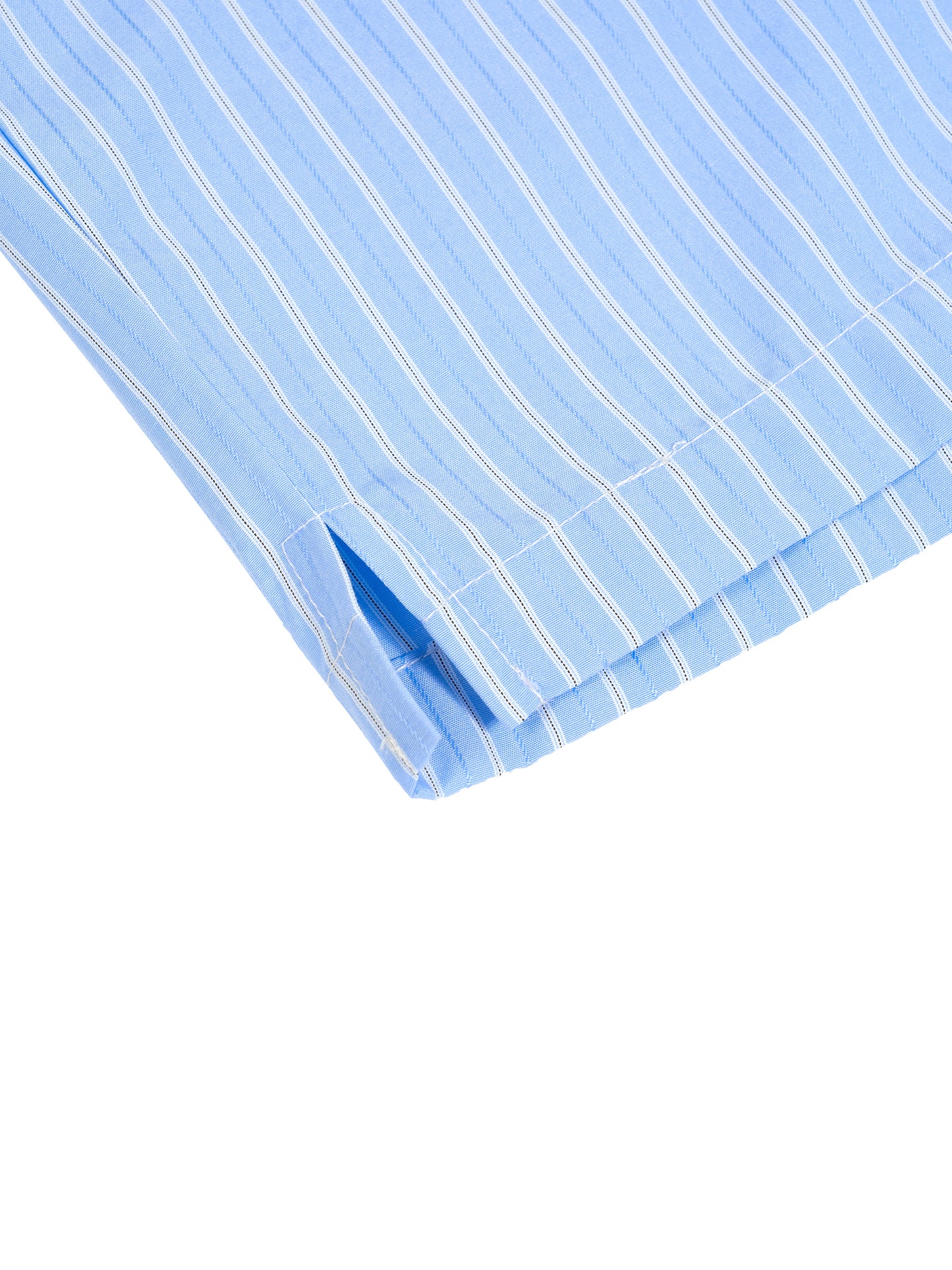 Close-up of a blue and white striped fabric with a white background