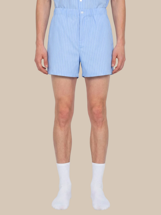 Person wearing light blue striped shorts on a white background