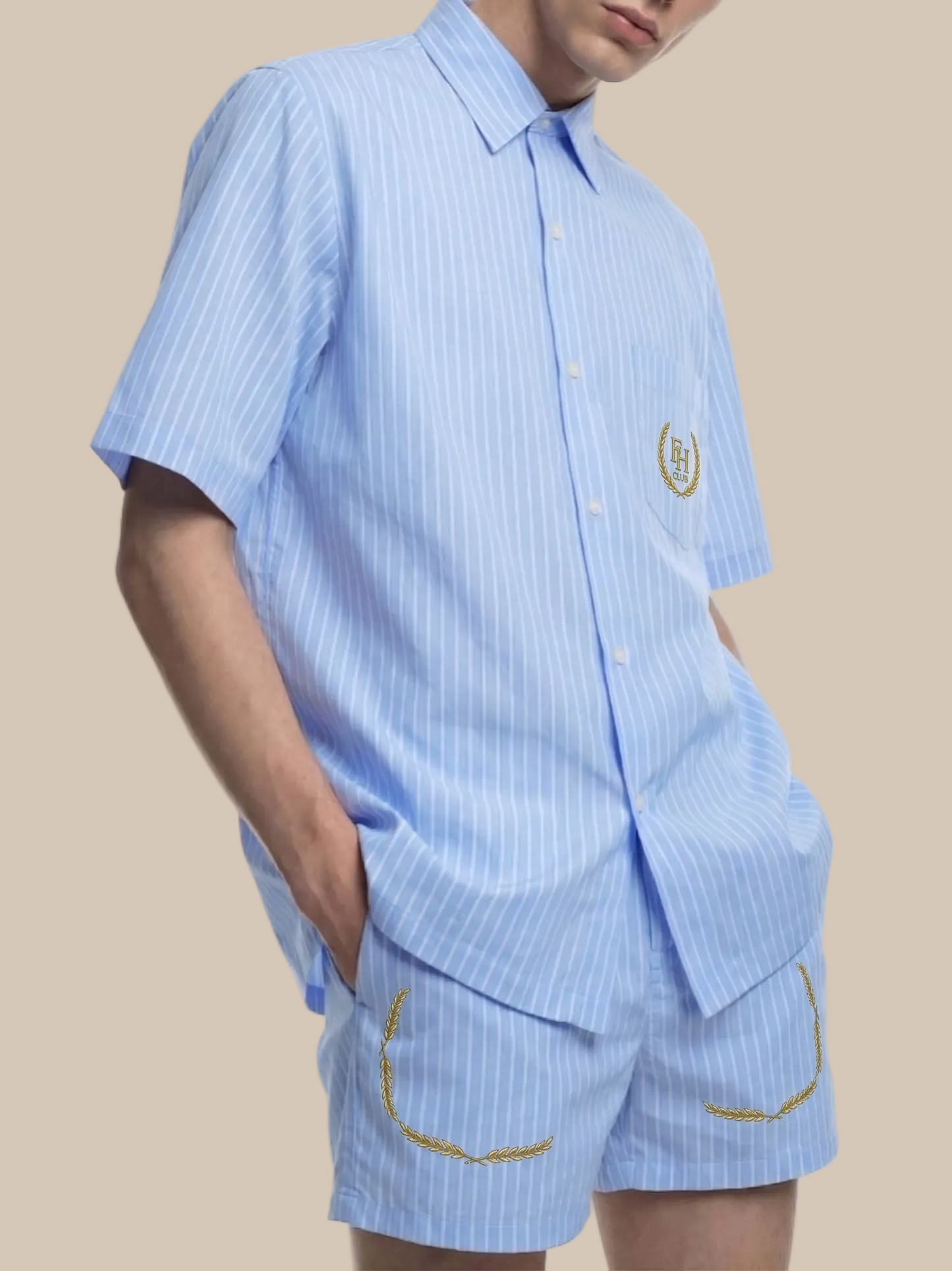 Light blue striped shirt and shorts set with embroidered details on a white background