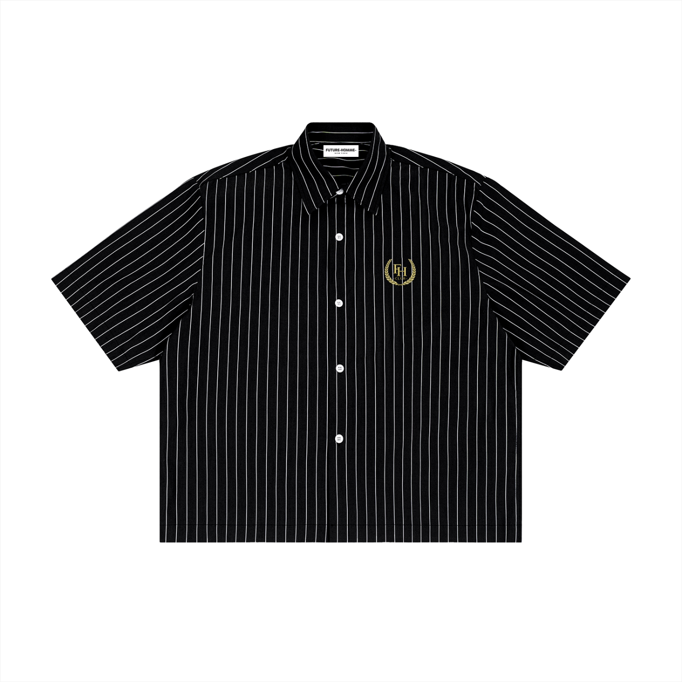 Black pinstripe shirt with a logo on a white background