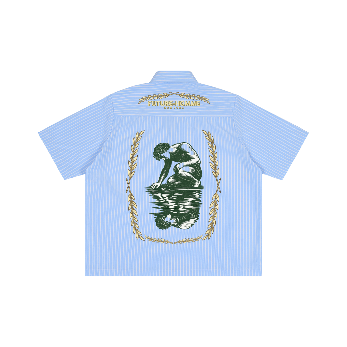 Light blue shirt with graphic design on the back, featuring a person and text, on a white background.