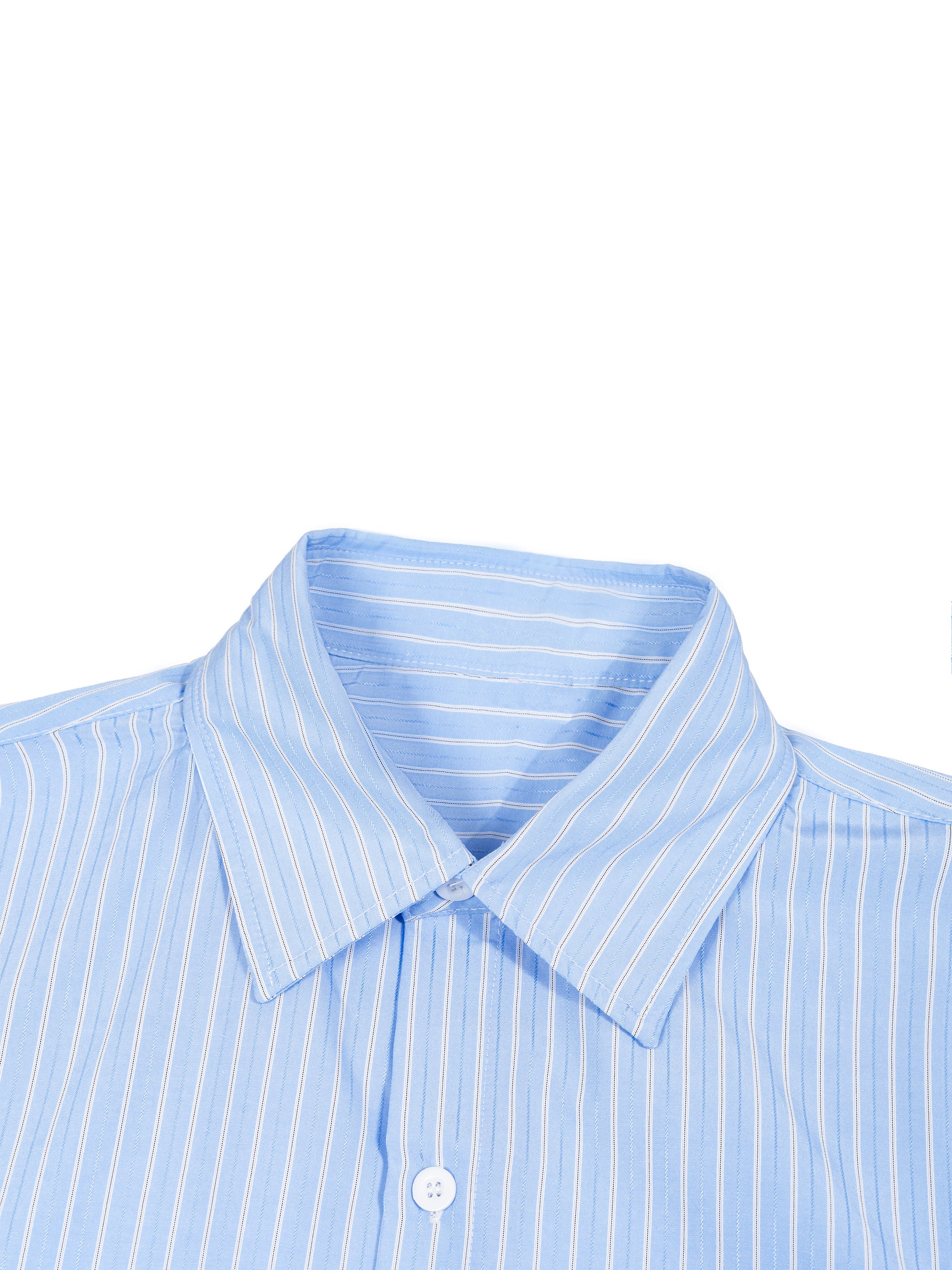 Close-up of a light blue striped shirt with a collar on a white background