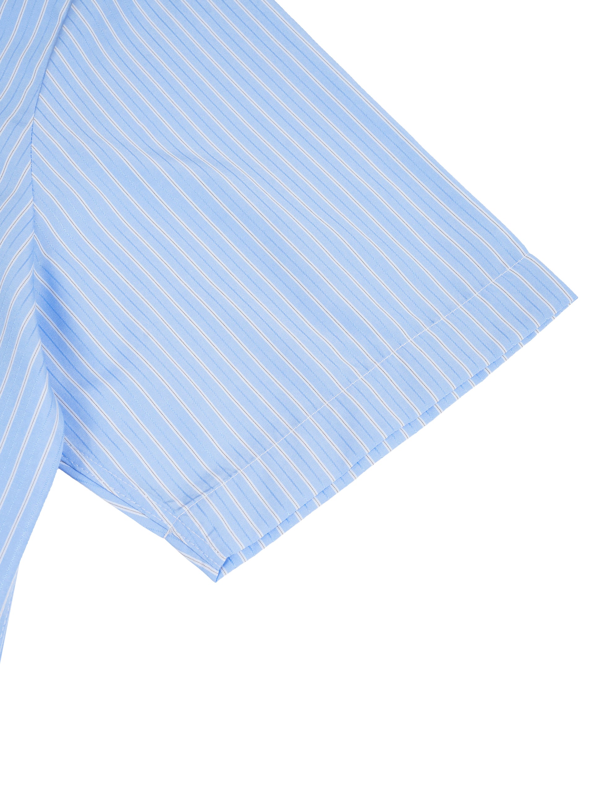Close-up of a light blue striped fabric with a white background