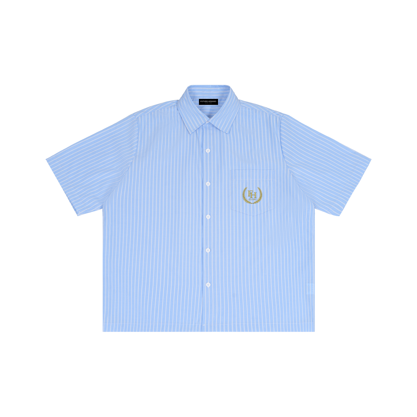 Light blue striped shirt with a logo on a white background