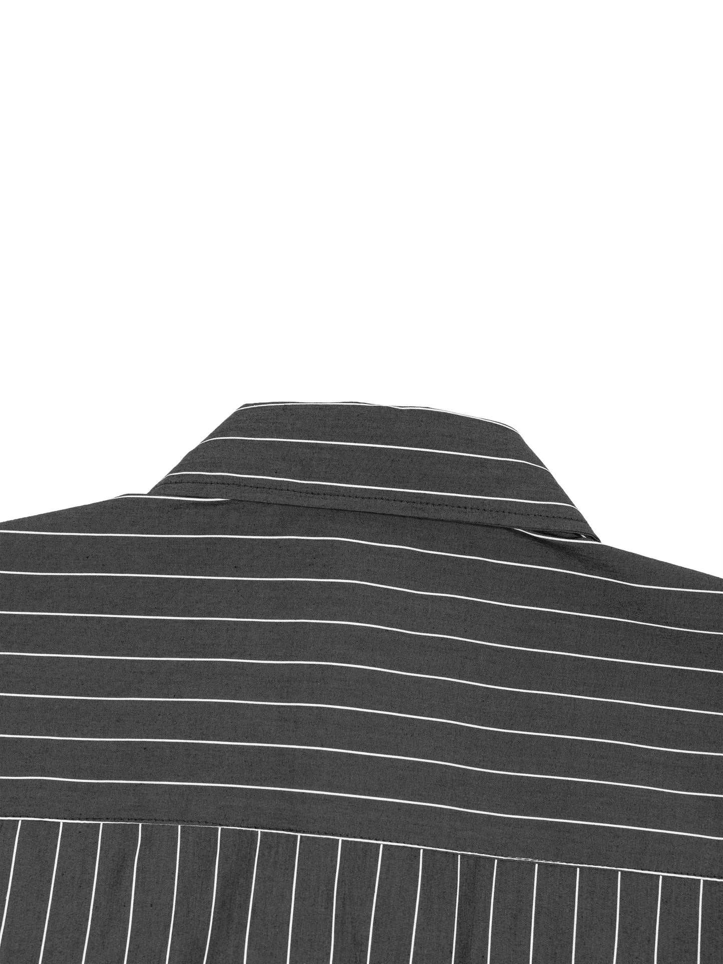 Close-up of a black and white striped shirt collar on a white background