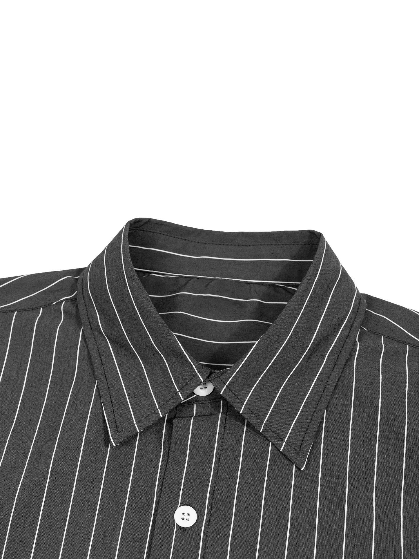 Close-up of a black and white striped shirt collar on a white background