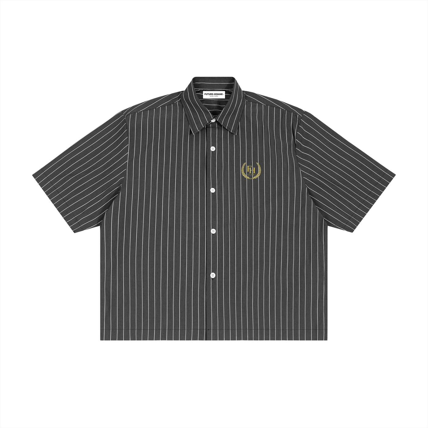 Black and white striped shirt with a logo on a white background