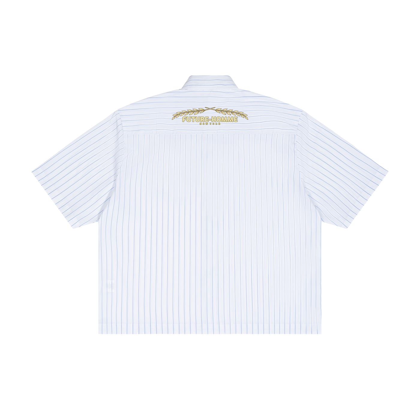 White striped shirt with a gold logo on the back against a white background