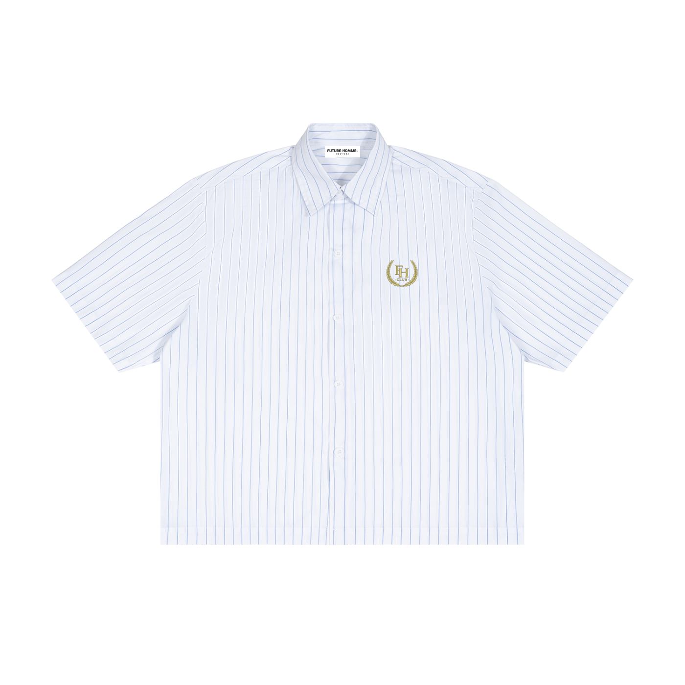 White and blue striped shirt with a logo on a white background