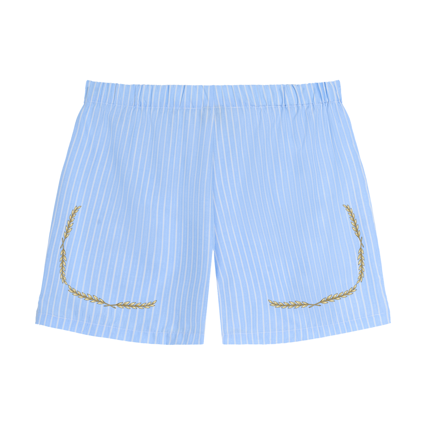Light blue shorts with white stripes and gold accents on a white background