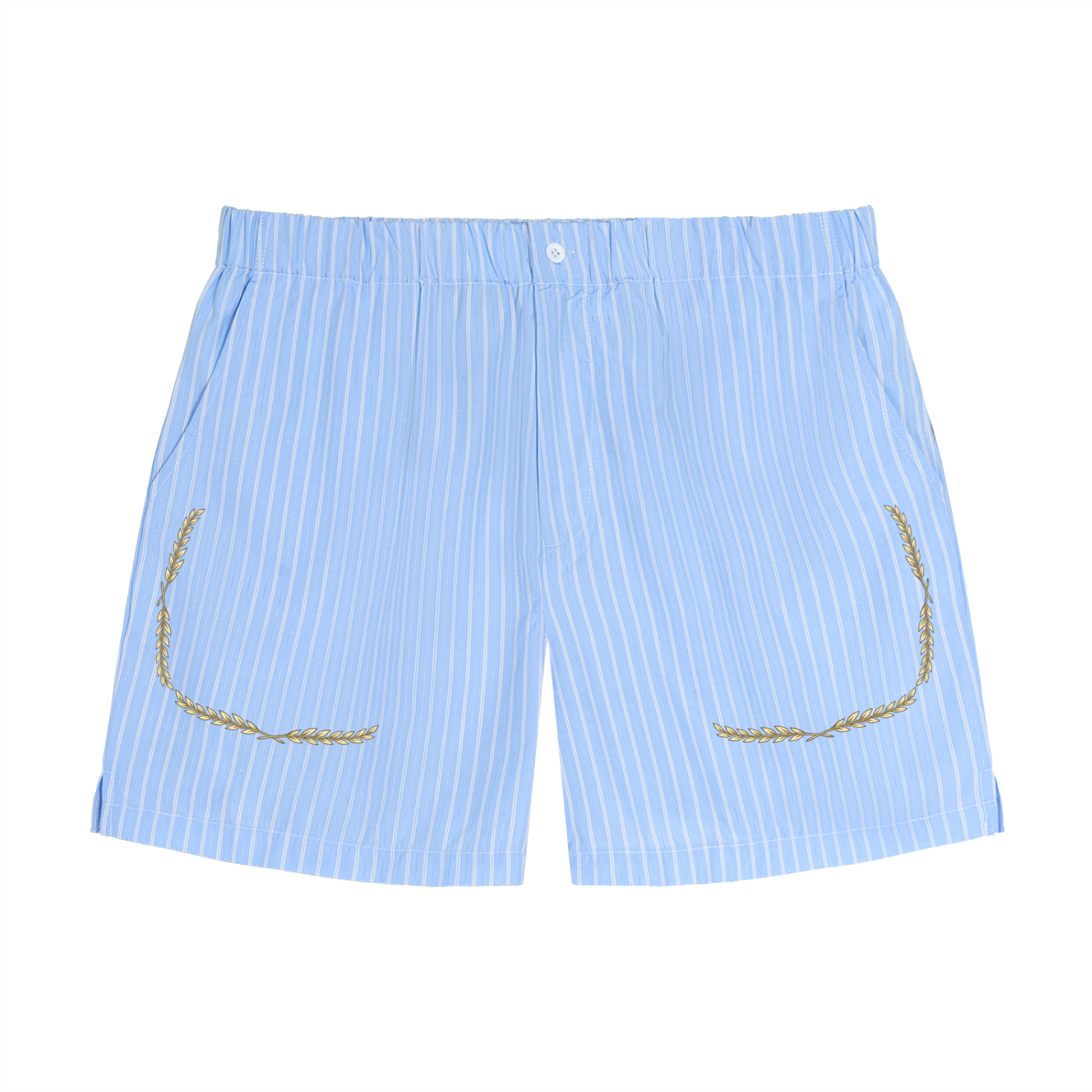 Light blue striped shorts with gold accents on a white background