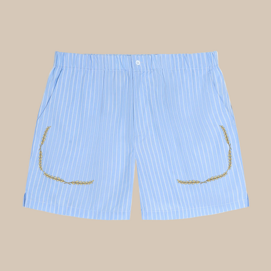 Light blue striped shorts with gold accents on a white background