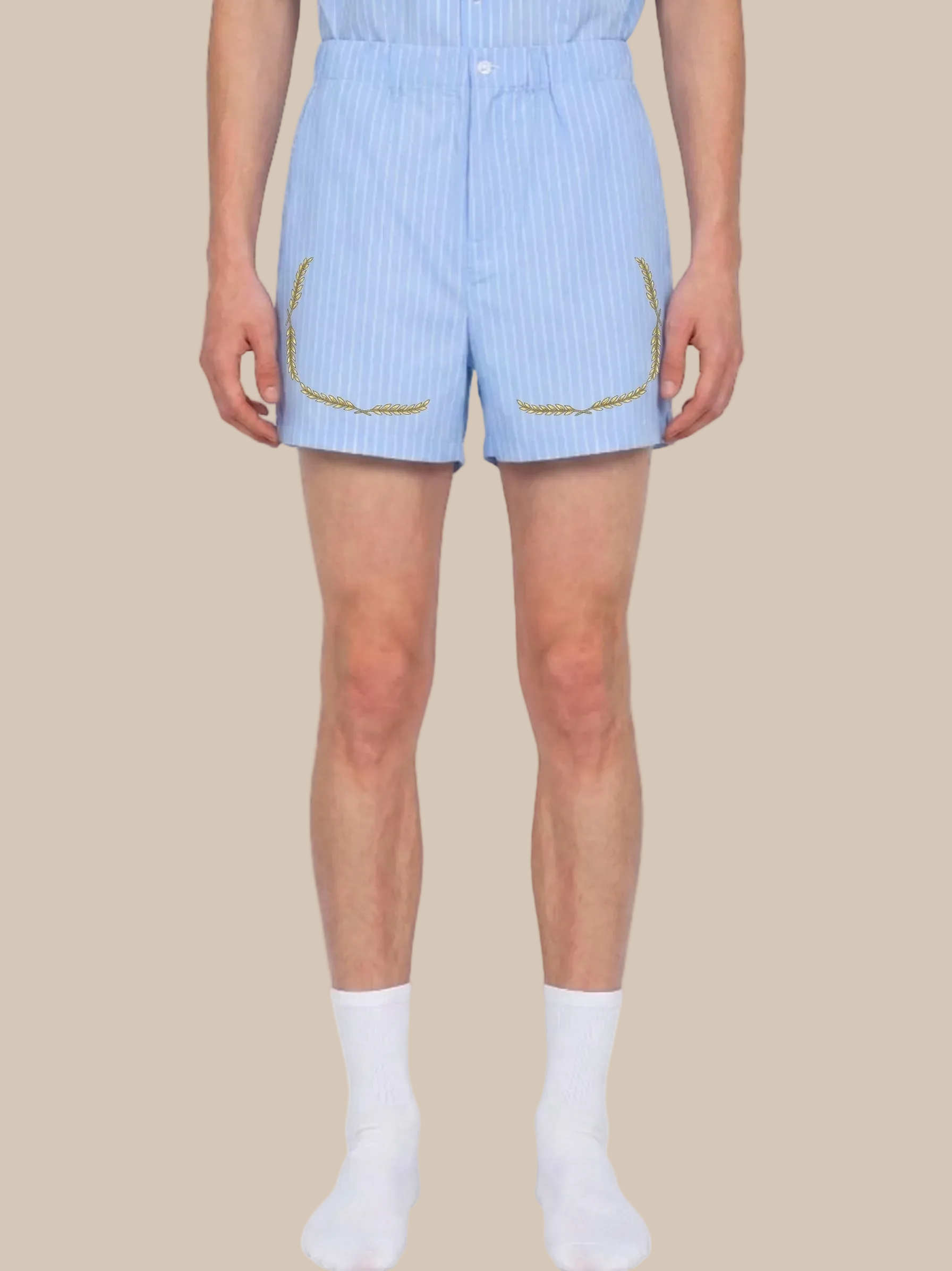 person wearing light blue pinstripe shorts with a laurel trim on a white background