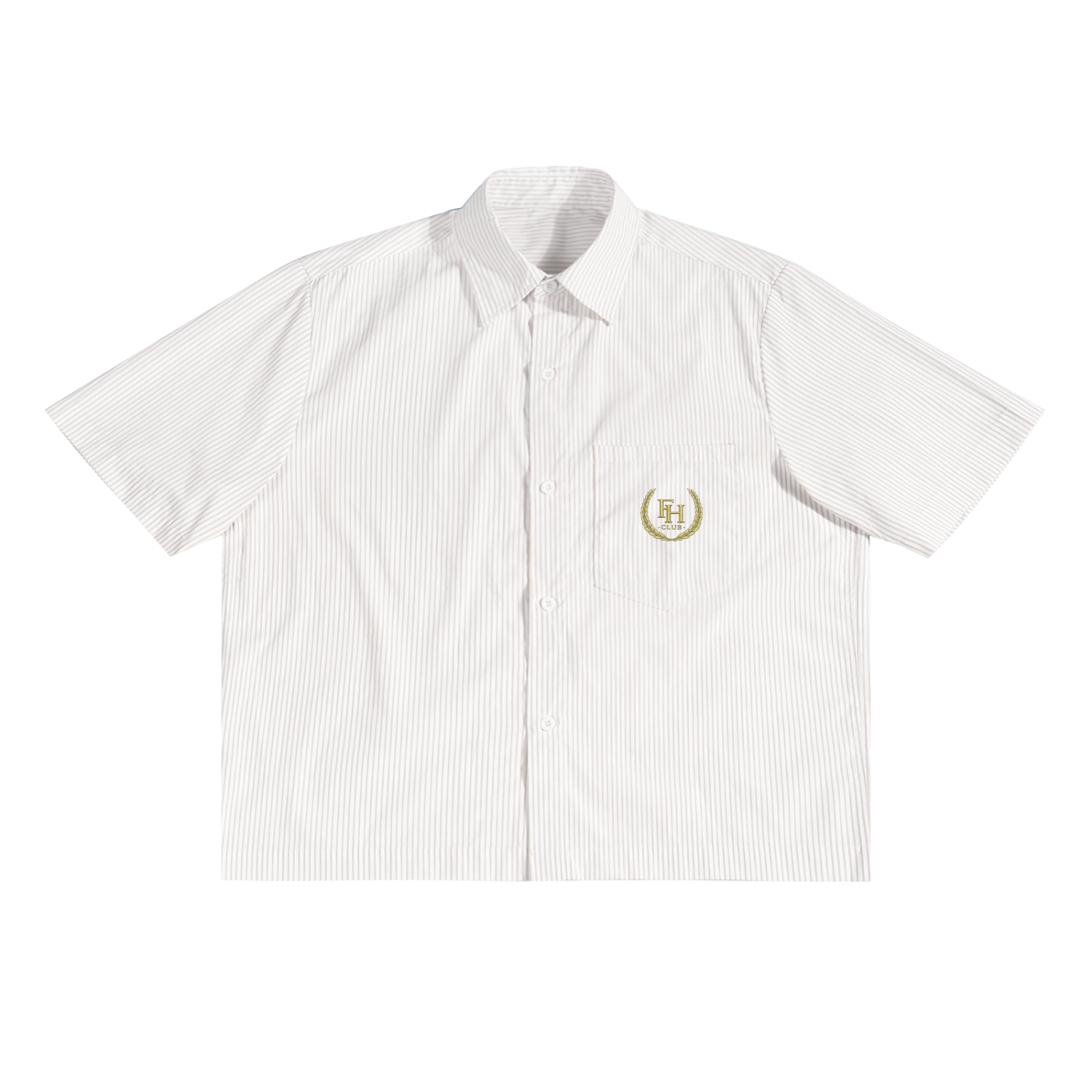 White short-sleeve shirt with a logo on a white background