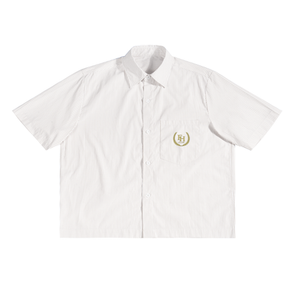 White short-sleeve shirt with a logo on a white background