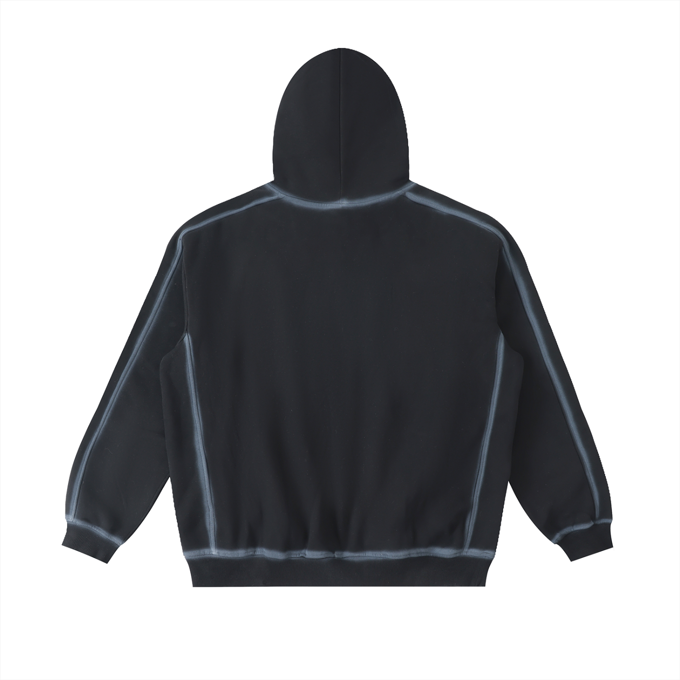 Flat lay of the Future-Homme Fleece Please Hoodie in black with white chalk trim back side on a white background 