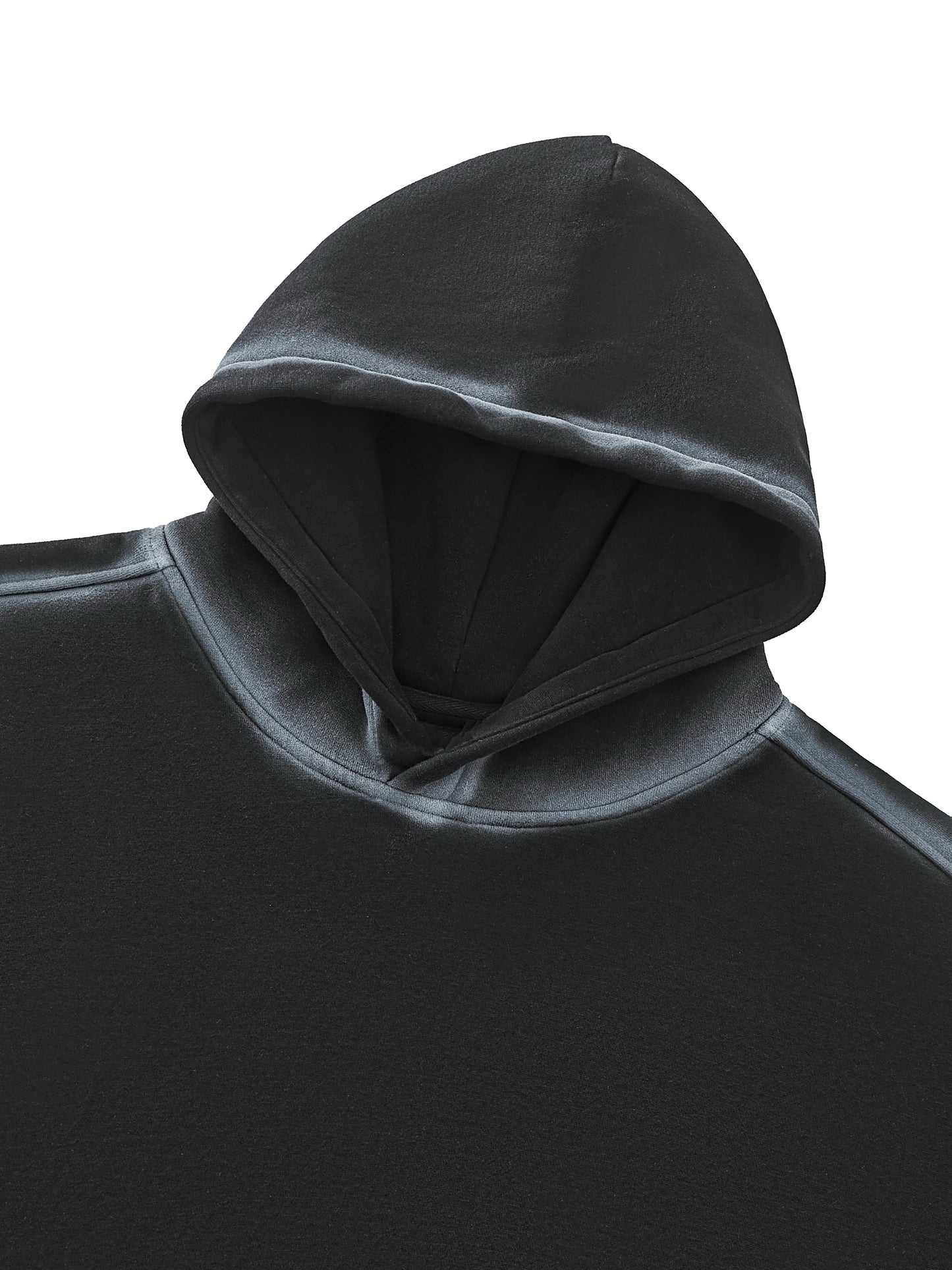 Up close flat lay of the Future-Homme Fleece Please Hoodie in black with white chalk trim front side on a white background 